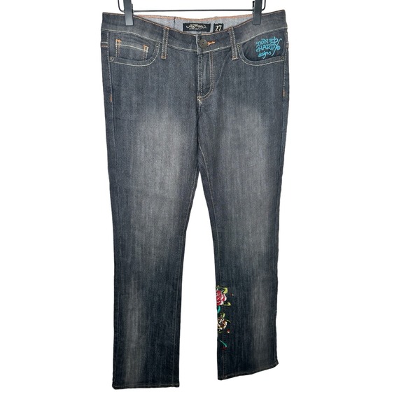 Ed Hardy Denim - NEW Ed Hardy Embroidered Floral Skull Jeans 27 Low Rise Love Kills Y2K NWT F